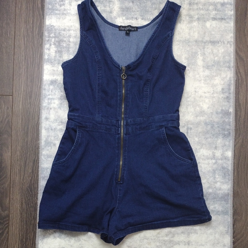 Derek Heart Navy Blue Denim Romper with Front Zip